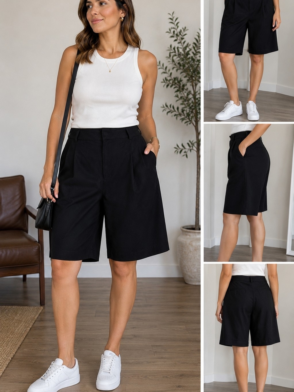 Zara Black High-Rise Pleated Bermuda Shorts